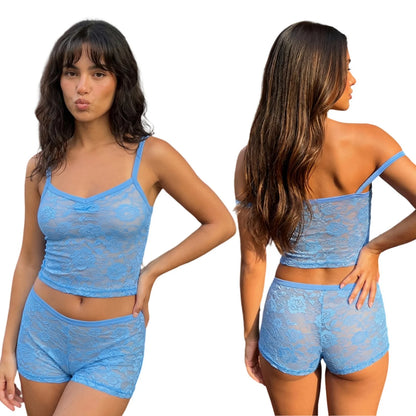 Women’s 2-Piece Floral Lace Set – See-Through Crop Camisole Top & Shorts, Sexy Casual Clubwear Beach Outfit Summer Fashion Set