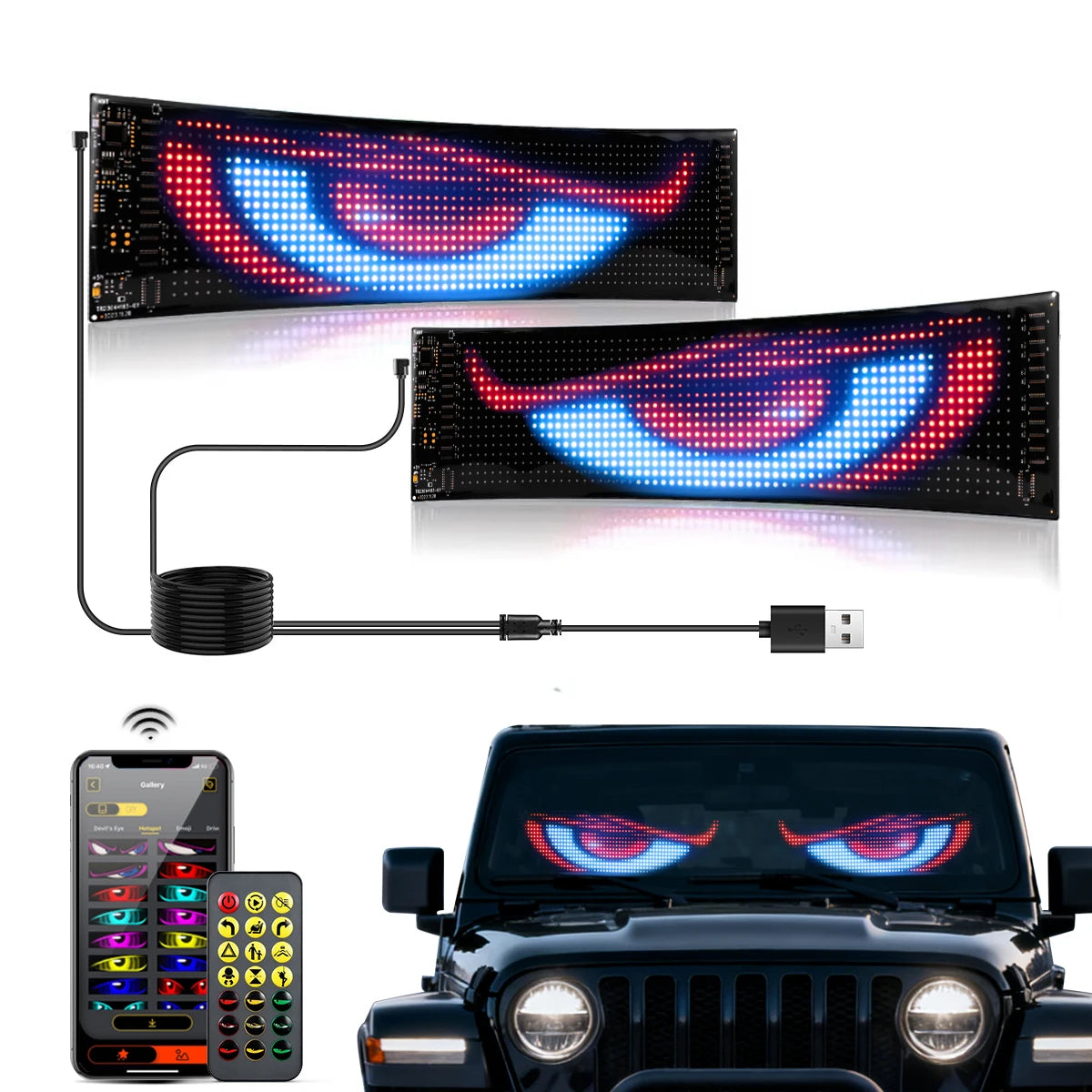 2PCS Programmable RGB LED Car Display Panels - DIY Scrolling Text, Pixel Matrix, Devil’s Eye Animation Lights for Cars and Trucks