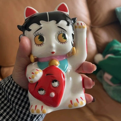 Cute Ceramic Lucky Cat Statue – Cartoon Home Decor for Living Room, Bedroom & Store