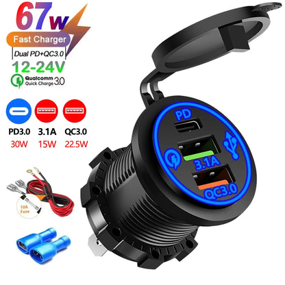 USB Car Charger 12/24V - Dual Socket PD3.0 & QC3.0 Fast Charging Station with LED Voltmeter Switch