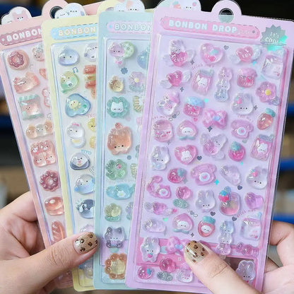 Kawaii 3D Jelly Resin Stickers - Cute Sparkling Transparent Cartoon Decals for Scrapbooking and DIY Decor