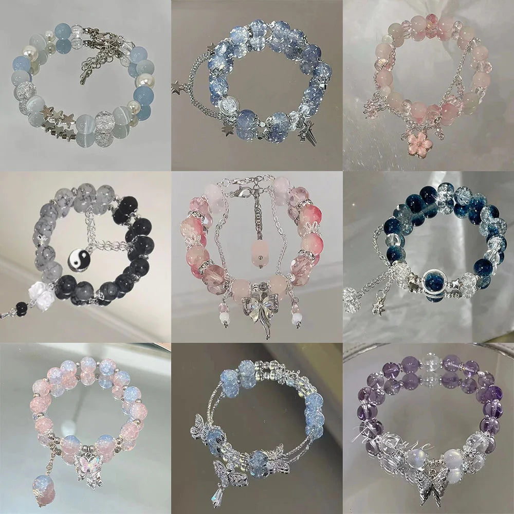Korean Style Crystal Bead Bracelet - Flower Fox Feather Tassel Charm Jewelry Gift for Women Girls & Best Friends