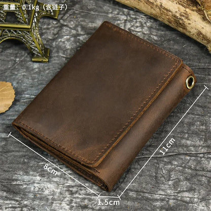 Men's Genuine Leather Short Wallet with Chain – Zipper Clutch, Trifold Purse, Card Holder & Coin Purse for Men