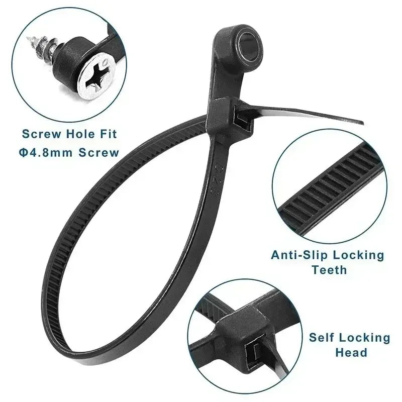 Multipurpose Heavy Duty Nylon Cable Ties: Adjustable Self-Locking Cord Organizer Straps with Screw Hole - DIY Fastening Loop