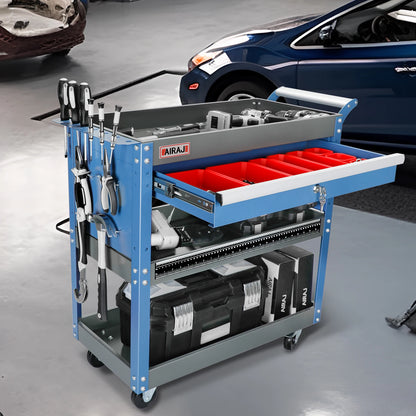 AIRAJ 3-Tier Rolling Tool Cart – 440LBS Capacity Mechanic Storage Cart on Wheels for Garage & Warehouse, Blue