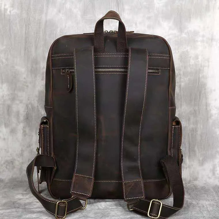 Vintage Crazy Horse Leather Backpack for Men — 17" Laptop Travel Rucksack Cowhide Hiking Bag M815