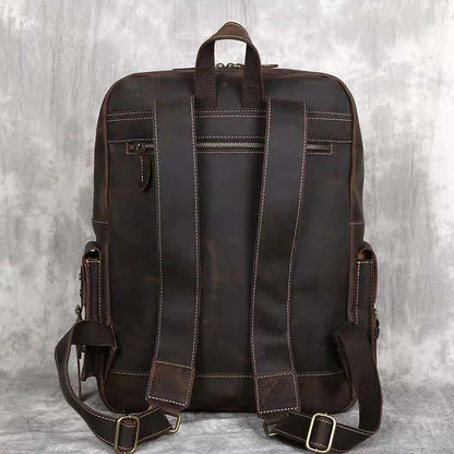 Vintage Crazy Horse Leather Backpack for Men — 17" Laptop Travel Rucksack Cowhide Hiking Bag M815
