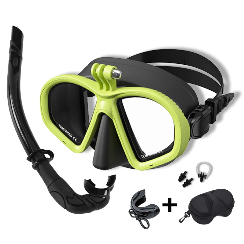Freediving Mask with Camera Mount - Two-Window Tempered Glass Waterproof Anti-Fog Snorkeling Mask