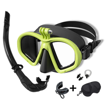 Freediving Mask with Camera Mount - Two-Window Tempered Glass Waterproof Anti-Fog Snorkeling Mask