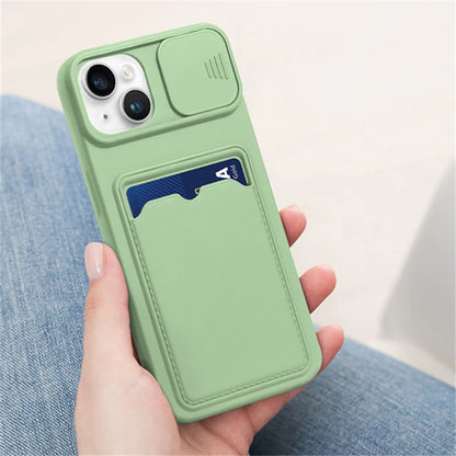 Slide Camera Protection Wallet Phone Case for iPhone – Soft Silicone Card Holder Cover for iPhone 16/15/14/13/12/11 Pro Max, XR, XS Max, 8 Plus Safety Case