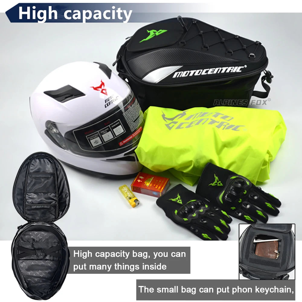 MOTOCENTRIC Waterproof Motorcycle Tail Bag - Multi-functional, Durable 37L High Capacity Rear Seat Rider Helmet Backpack