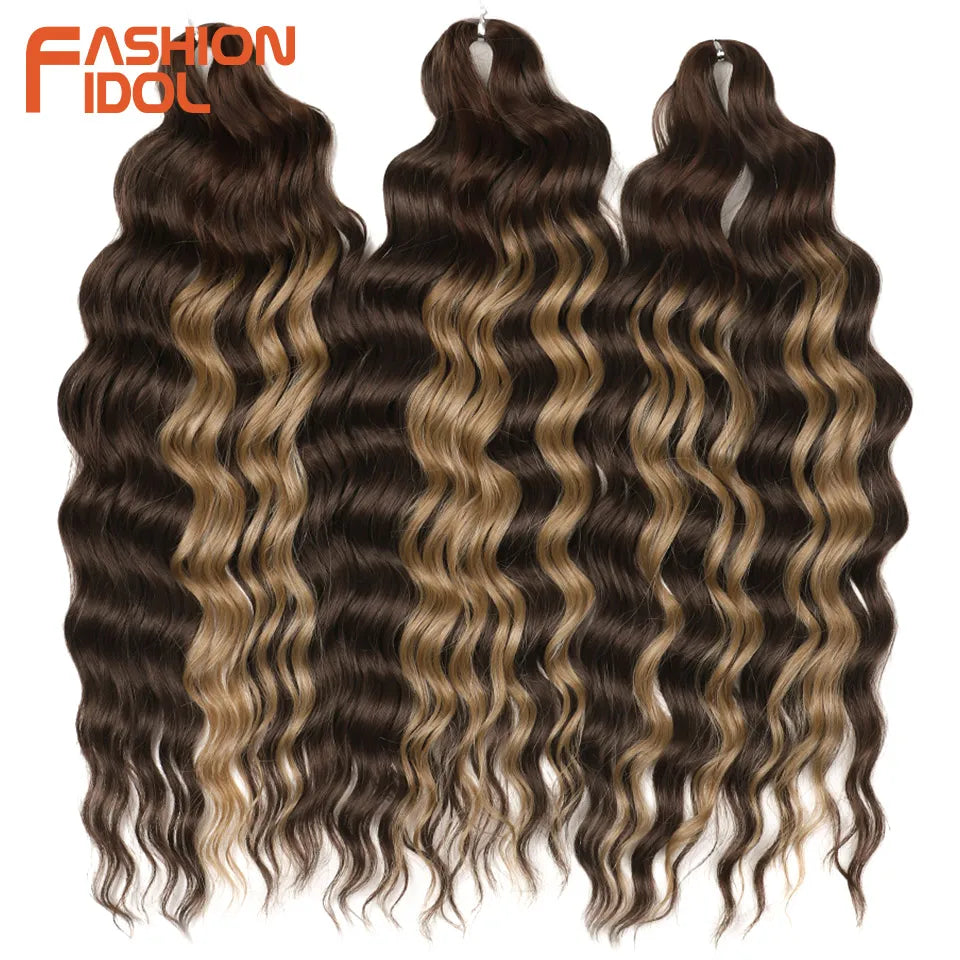 FASHION IDOL 24" Deep Wave Crochet Hair - 3-Piece Synthetic Water Wave Braiding Extensions, Ombre Rainbow Twist Hair