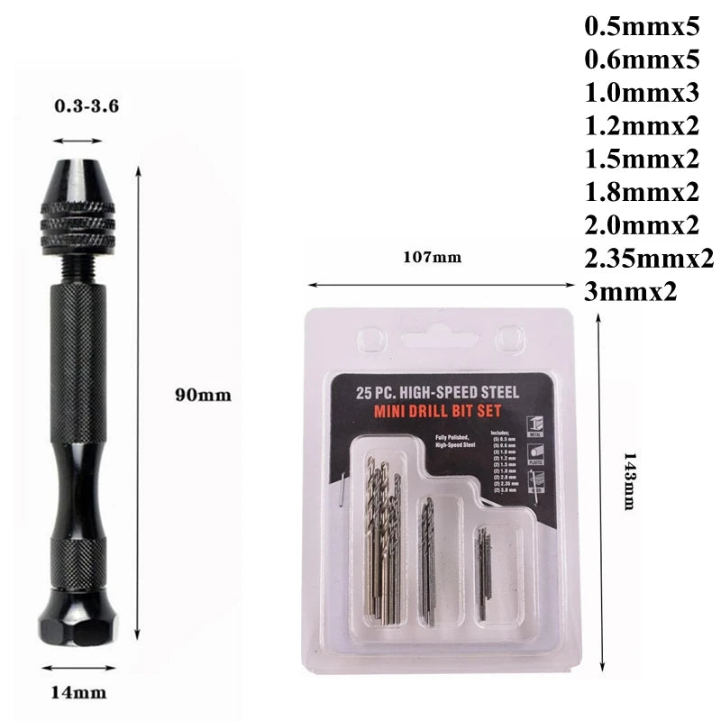 Mini Aluminum Hand Drill with Keyless Chuck – HSS Steel Twist Drill Bit for Woodworking & Manual Drilling