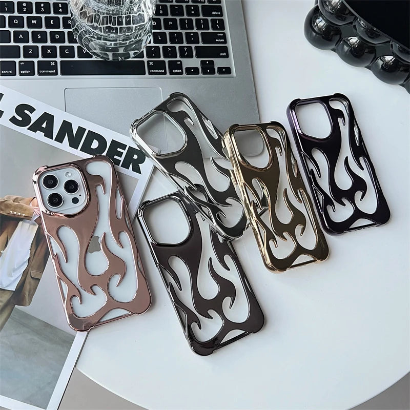Fashion Hollowed Fire Flame Phone Case | Silver Electroplated Soft Cover for iPhone 15, 14, 13, 12, 11 Pro Max Plus | Cool Gift for Boys and Girls