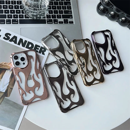 Fashion Hollowed Fire Flame Phone Case | Silver Electroplated Soft Cover for iPhone 15, 14, 13, 12, 11 Pro Max Plus | Cool Gift for Boys and Girls