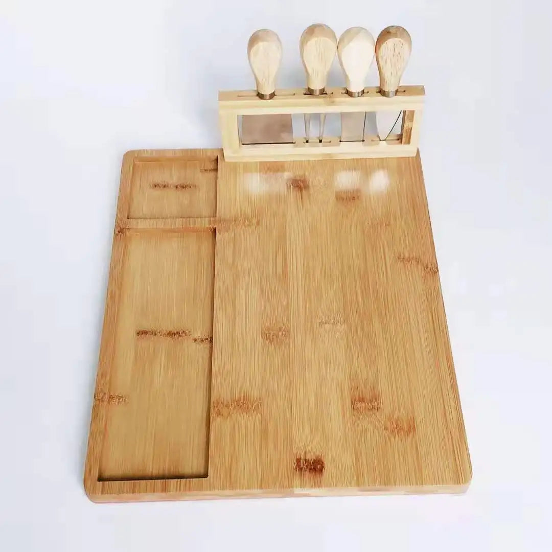 Bamboo Cheese Board Set – Square Wooden Board with Knife Holder, 4 Stainless Steel Knives & Dessert Plate