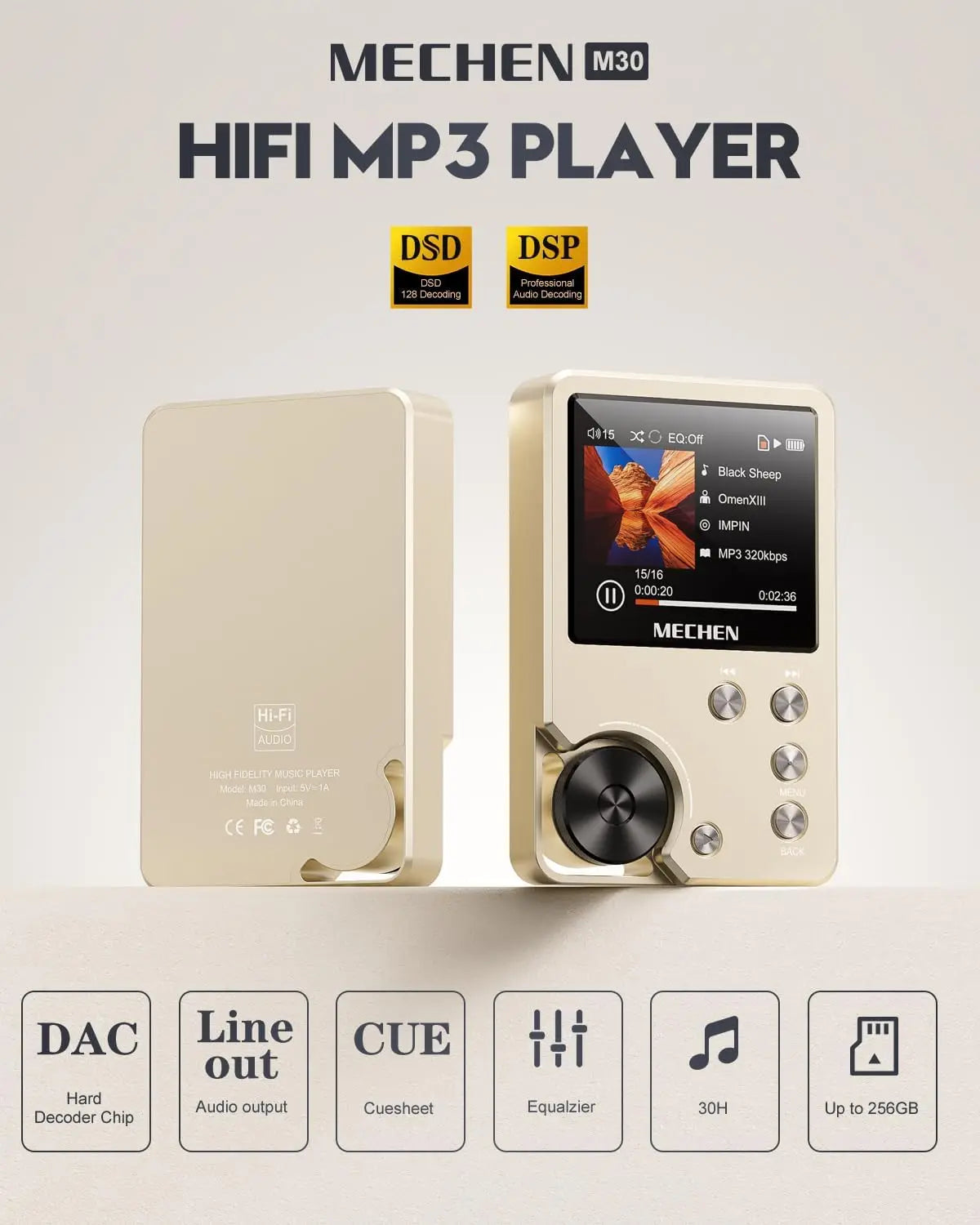 High-Quality Lossless MP3 Player MECHEN-M30 – HiFi with 64GB Memory Card, Supports Up to 256GB