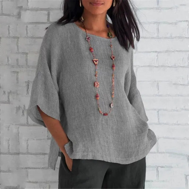 Women's Cotton Blouse Shirt - Loose 3/4 Sleeve O-Neck Casual Summer Streetwear Top