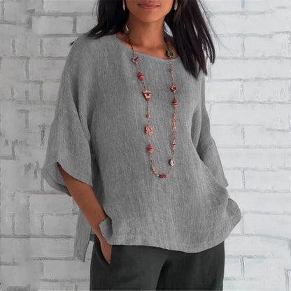 Women's Cotton Blouse Shirt - Loose 3/4 Sleeve O-Neck Casual Summer Streetwear Top