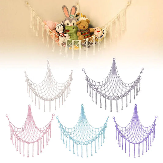 Kids Toy Hammock Wall Corner Hanging Storage Net – Woven Cotton Stuffed Animal Organizer