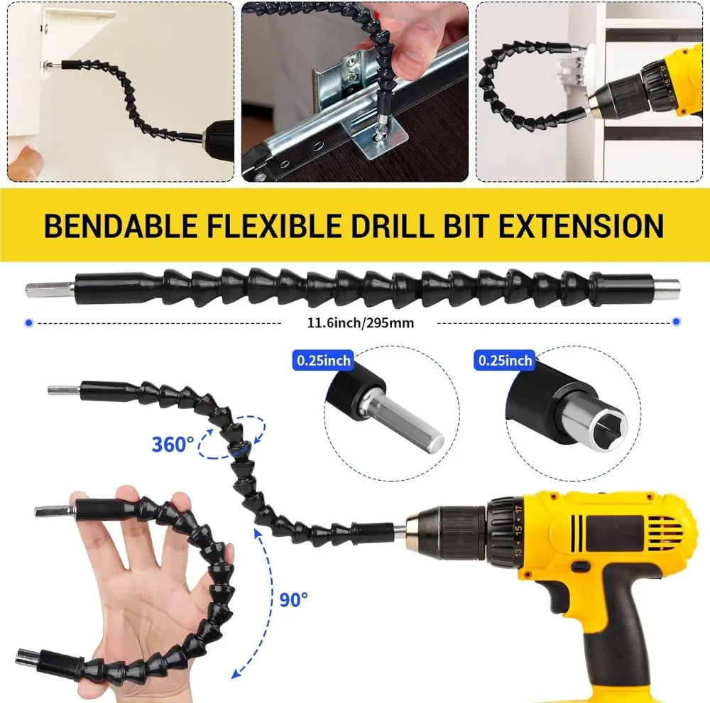 Flexible Drill Extension Kit – 105° Right Angle Drill Adapter with Universal Sleeve, Multi-Size Drill Extender Tool for Tight Spaces