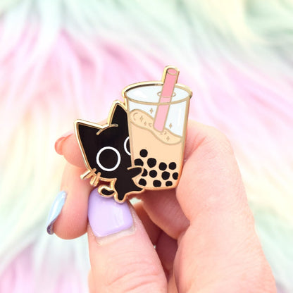 Boba Cat Enamel Pin — Cute Black Cat Kawaii Bubble Tea Accessory Pin