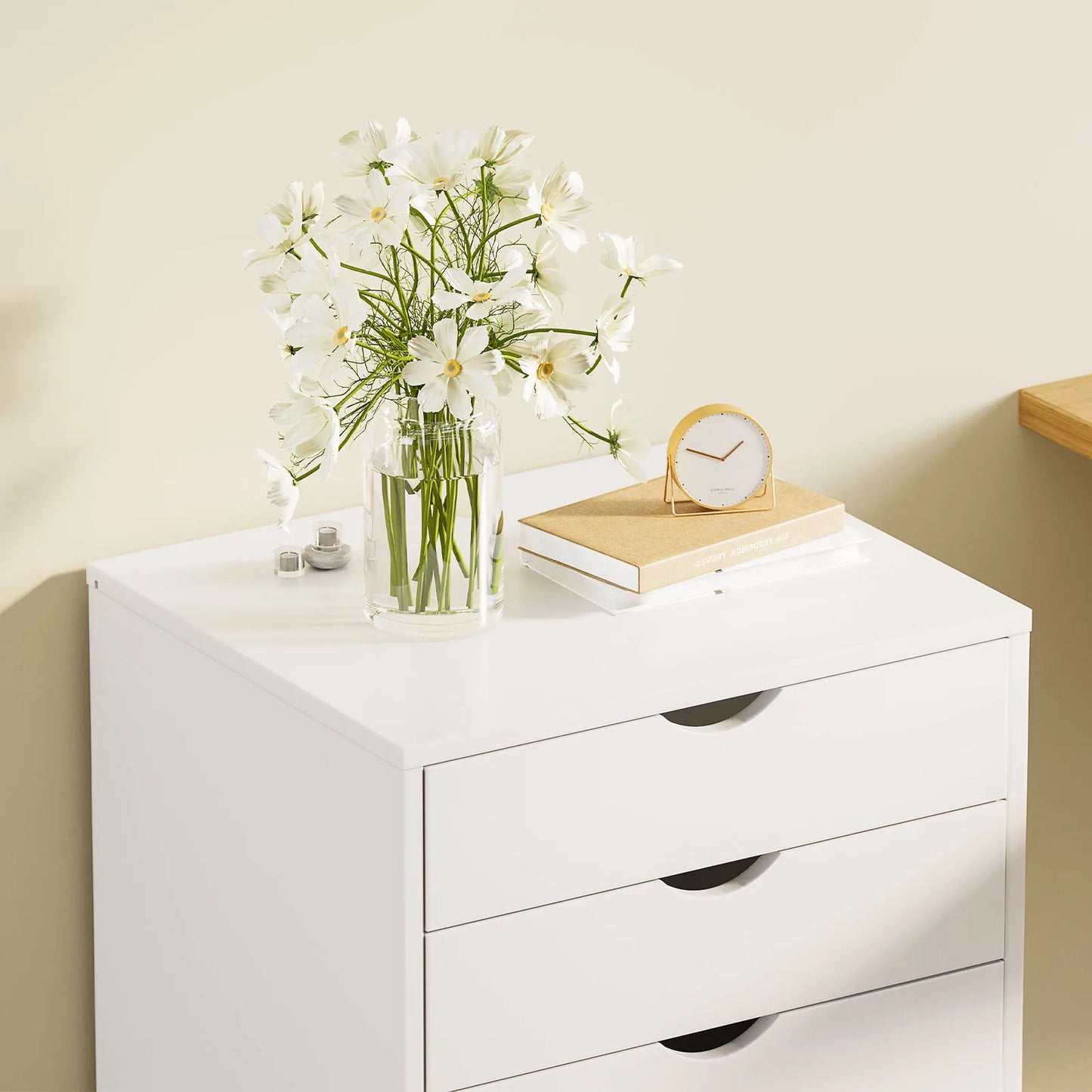 Wood Nightstand Cabinet with 5 Drawers – Waterproof Surface Storage Organizer with Rotating Wheels, Easy-Move Bedside Table for Office