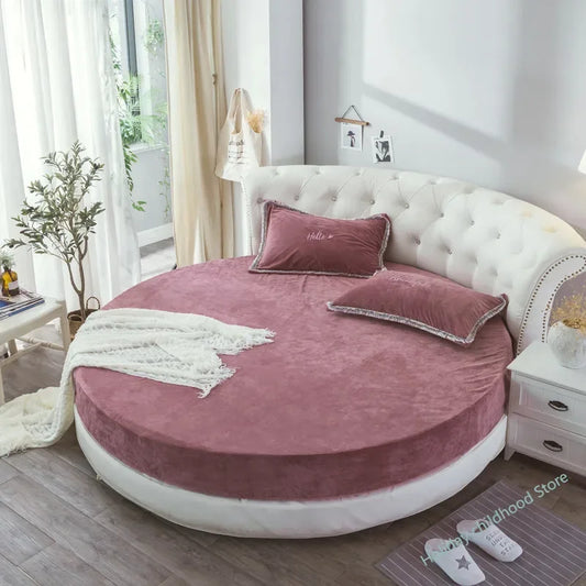 Coral Velvet Round Bed Sheet - Soft Flannel Winter Fitted Sheet for 200-220cm Round Beds, Pillowcase Not Included