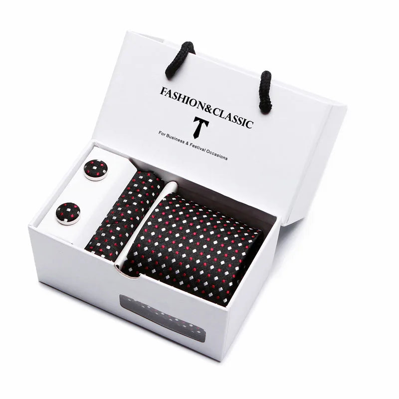 Black Paisley Tie Set - Men's Necktie, Pocket Square & Cufflinks Gift Box for Weddings & Formal Wear