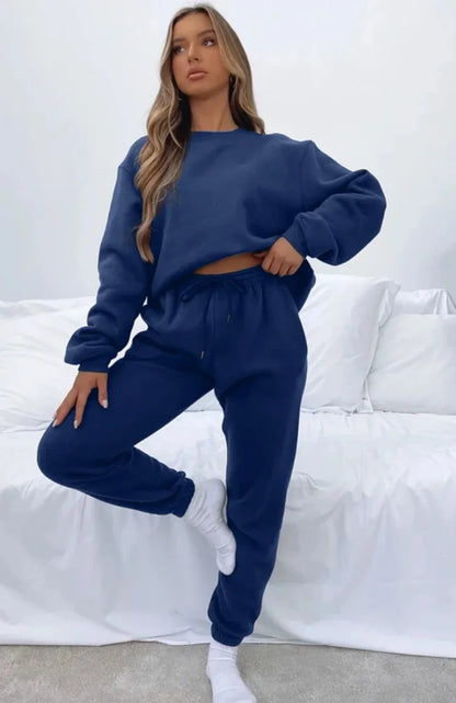 Women’s Casual Long Sleeve Sweatshirt & Pants Set – Solid Color Pullover Trousers, Round Neck Autumn Winter Outfit