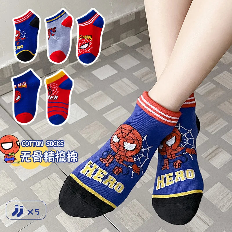 5 Pairs Spiderman Kids Socks – Anime Cartoon Short Socks for Boys & Girls, Summer & Spring Baby Boat Socks Gift for Ages 1-12 Years