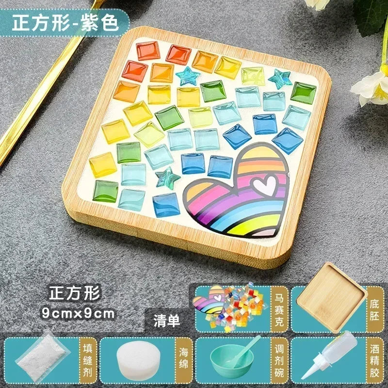 DIY Handmade Mosaic Coaster Set – Bamboo Heart & Square Cup Mats, Creative Parent-Child Educational Craft Toy Kit for Free Design Activities