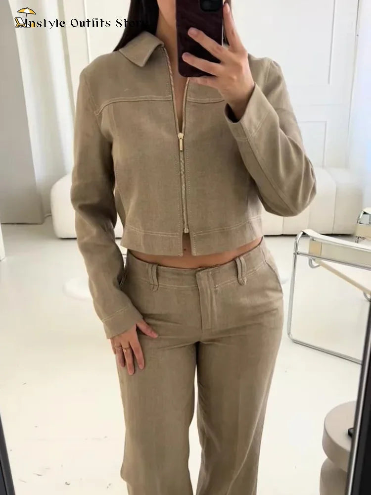 Women’s Cotton Linen Trousers Set — Casual Lapel Crop Top & Straight Pants Streetwear Spring Autumn Outfit