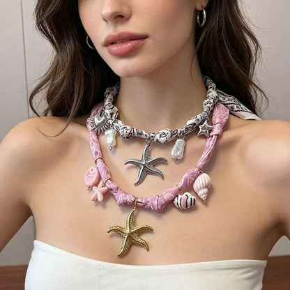 Bohemian Fabric Scarf Necklace - Sea Life, Heart & Floral Charm Pendant Vacation Jewelry Gift for Women
