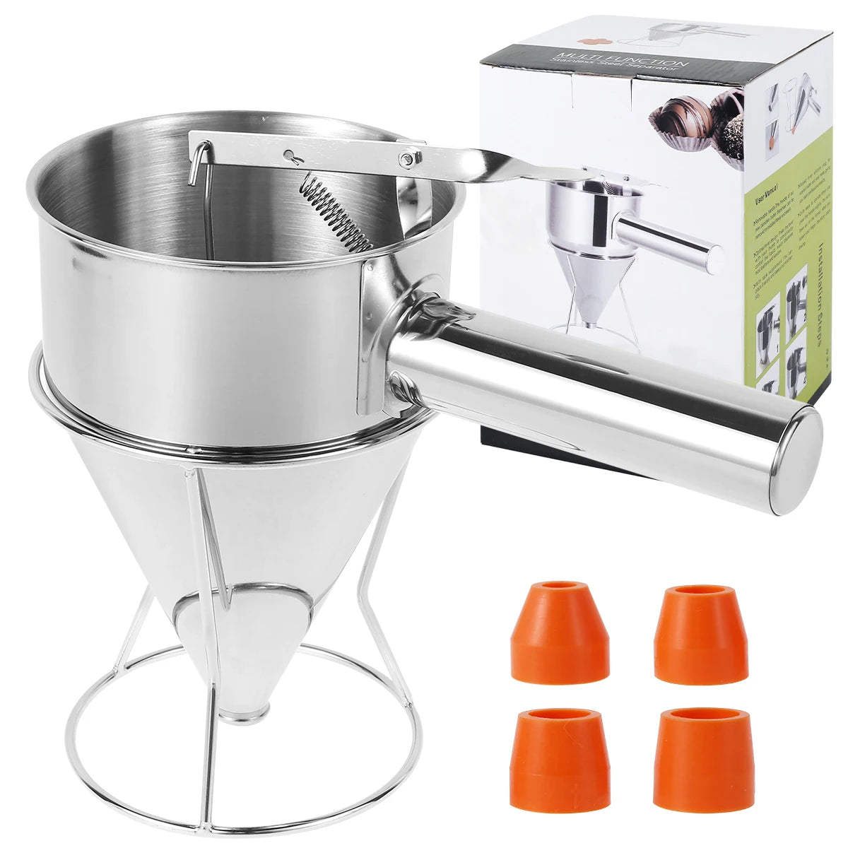 Stainless Steel Pancake Batter Dispenser with Stand – Multi-Caliber Funnel for Cupcakes & Baking Tools