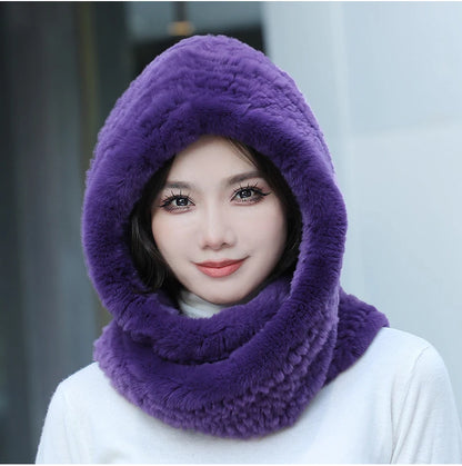 2025 Women’s Knitted Rex Rabbit Fur Hat – Hooded Scarf with Neck Collar, Long Winter Warm Fur Hat & Scarf Set