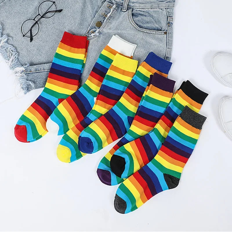 Rainbow Striped Women’s Socks — Elastic Long Sporty Retro Harajuku Meias, New Arrival