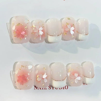 10 Pcs Handmade Short Square Press-On Nails – Full Cover Flower & Cat Eye Ballet False Nails Manicure Tips