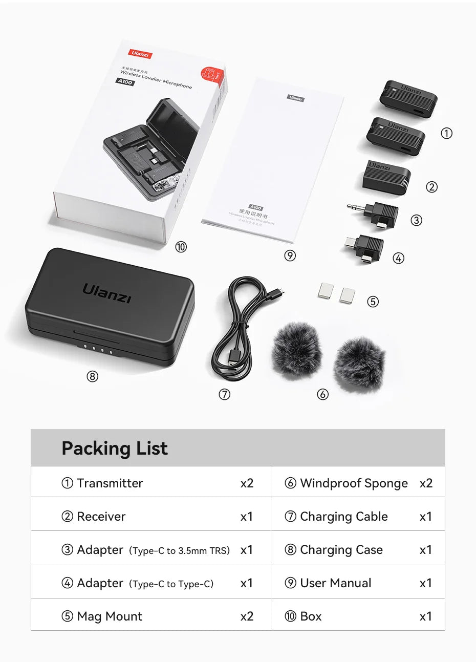 Ulanzi A100 Wireless Lavalier Microphone — Real-Time Monitoring MIC for iPhone 16/15 Pro(Max) & Camera Recording (J12 Upgrade)