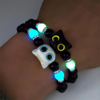 Luminous Cat Matching Bracelets for Couples | Glow-in-the-Dark Black & White Friendship Bangles | Cute Gift for Him & Her