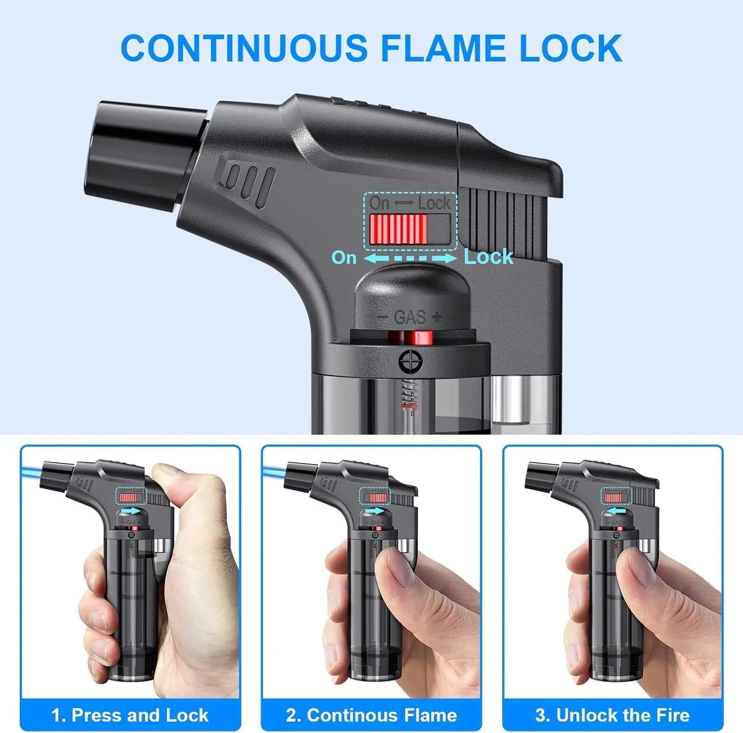 Jet Flame Torch Lighter — Refillable Butane Gas Lighter with Visible Fuel Tank, Windproof & Adjustable Flame for Kitchen