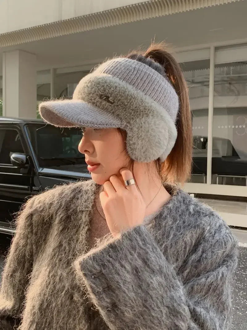 Winter Hats for Women 2023 – Fashionable Knitted Earflap Baseball Cap, Windproof Ponytail Visor for Outdoor Sports