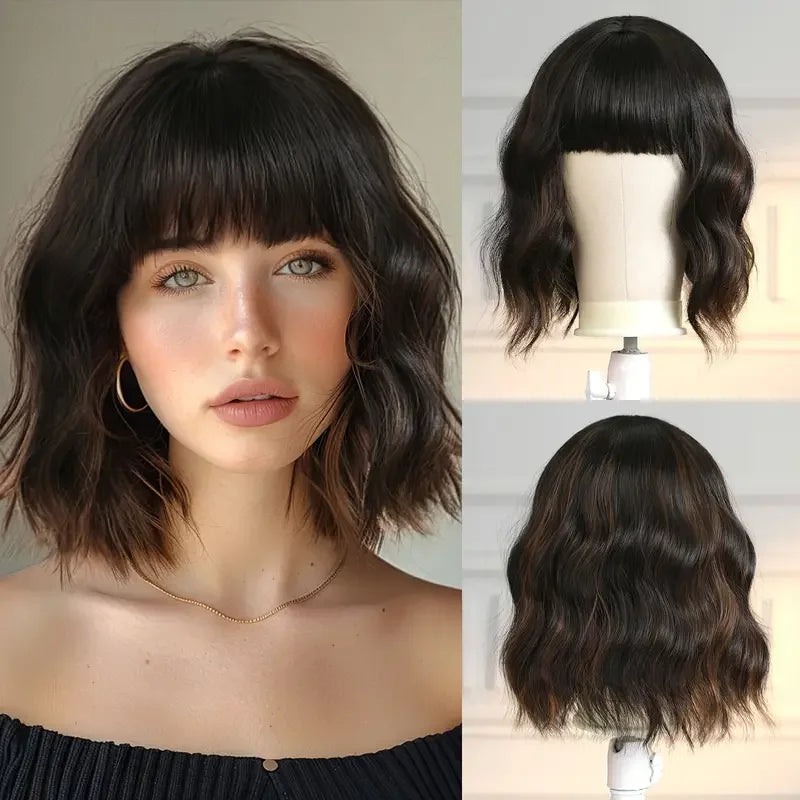 Short Wavy Green Synthetic Wig for Women – Green Cosplay Bob Wig with Bangs, Lolita Party Hair, Heat-Resistant Natural Fake Hair