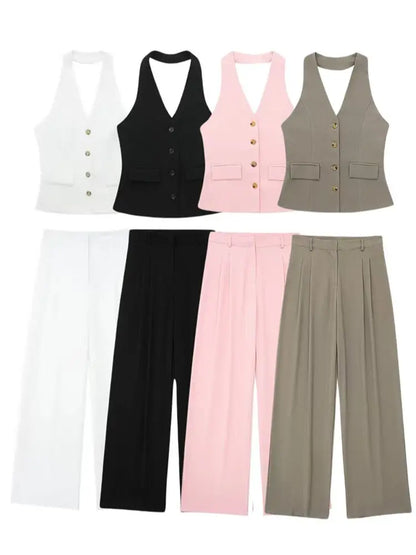 TRAFZA Women’s 2-Piece Set — Sleeveless Halter Vest Top with High-Waist Wide Leg Pants & Zipper Pockets