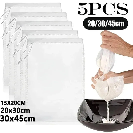 5Pcs Reusable Nut Milk Bag Set - Unbleached Nylon Cheesecloth Strainers, Fine Mesh Food Filter for Cheese, Yogurt, and Kitchen Use