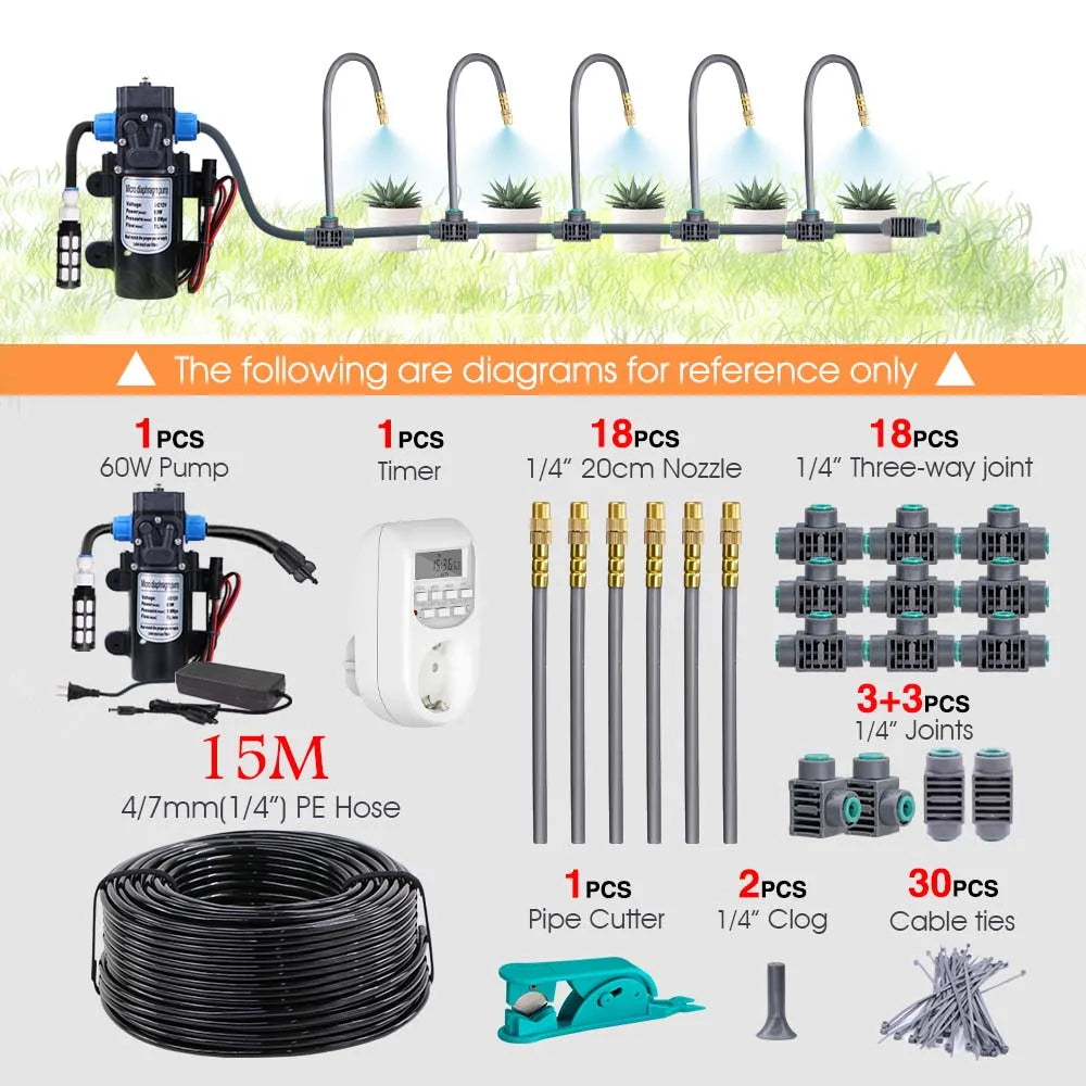 Adjustable 360° Brass Mist Nozzle Garden Irrigation Kit with 1/4” Hose, 15–5M Flexible Spray Cooling Sprinkler System for Watering & Cooling