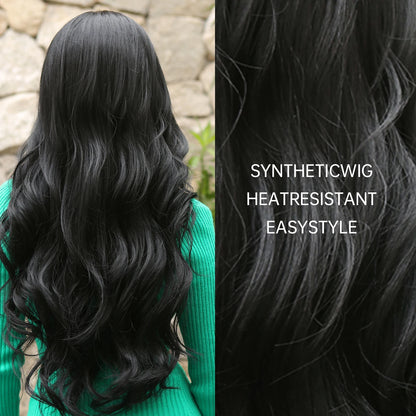 ALAN EATON Black Long Wavy Synthetic Wig – Natural Afro Hair, Middle Part, Heat-Resistant Fiber for Daily Use