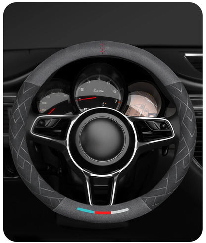 Universal Cowhide Suede Steering Wheel Cover — Breathable 37-38cm Car Accessory Wrap