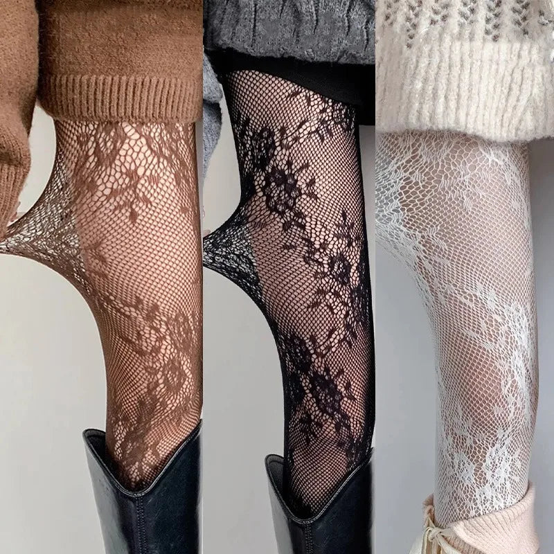 Women's Floral Lace Mesh Pantyhose - Harajuku Hollow Out Tights with Rattan Pattern Fashion Hosiery