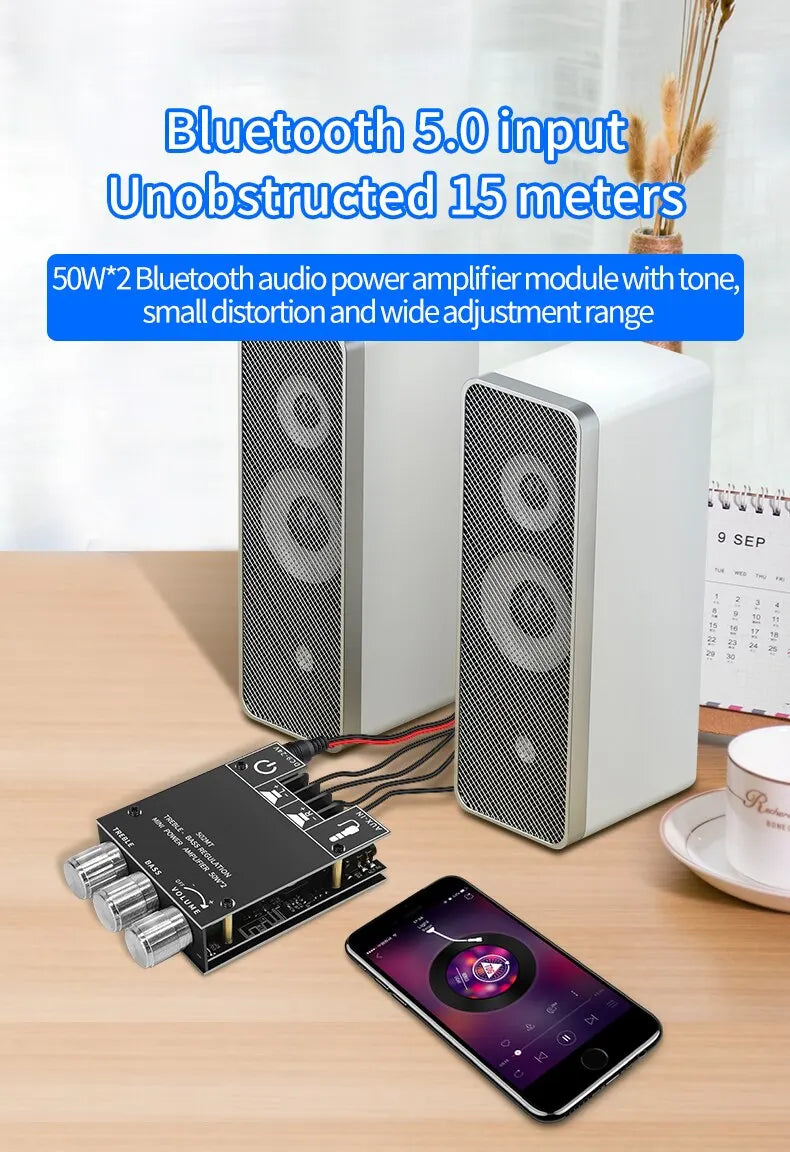 ZK-502MT Bluetooth 5.0 Stereo Subwoofer Amplifier Board | 2x50W High Power 2.0 Channel Bass AMP